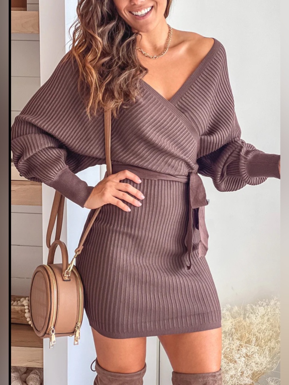 Love Tree Cocoa Ribbed Knit Belted Wrap-Sweater Dress Women’s Size Medium (NWT)